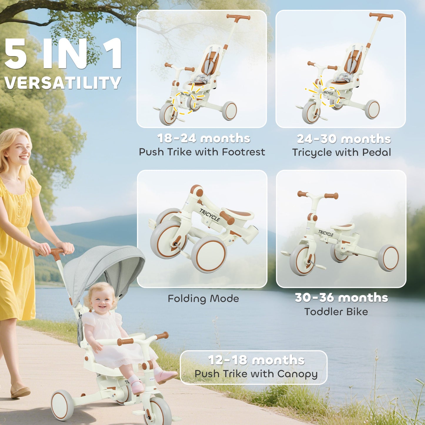 AIYAPLAY 5 in 1 Kids Trike with Adjustable Backrest, Toddler Tricycle with Push Handlebar, Adjustable Backrest, Cream White