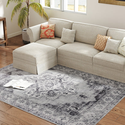 HOMCOM Vintage Area Rug, Non-Slip Washable Rug, Flannel Floor Carpet for Living Room, Bedroom, Dining Room, Home Office, 230 x 160 cm, Grey