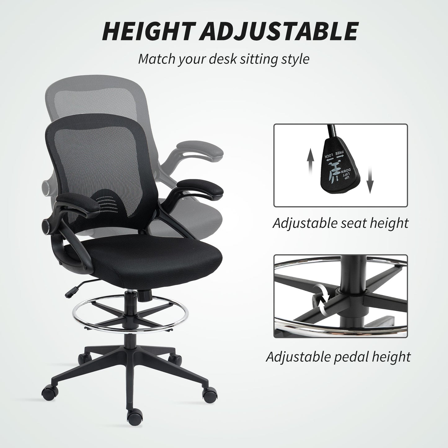 Vinsetto Drafting Chair with Flip-up Armrest, Mesh Office Stool with Foot Ring, 360° Swivel Height Adjustable Chair for Standing Desk, Black