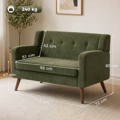 HOMCOM 2 Seater Sofa, 118 cm Corduroy Small Loveseat with Spring Cushion, Wood Legs for Small Space, Living Room, Dark Green