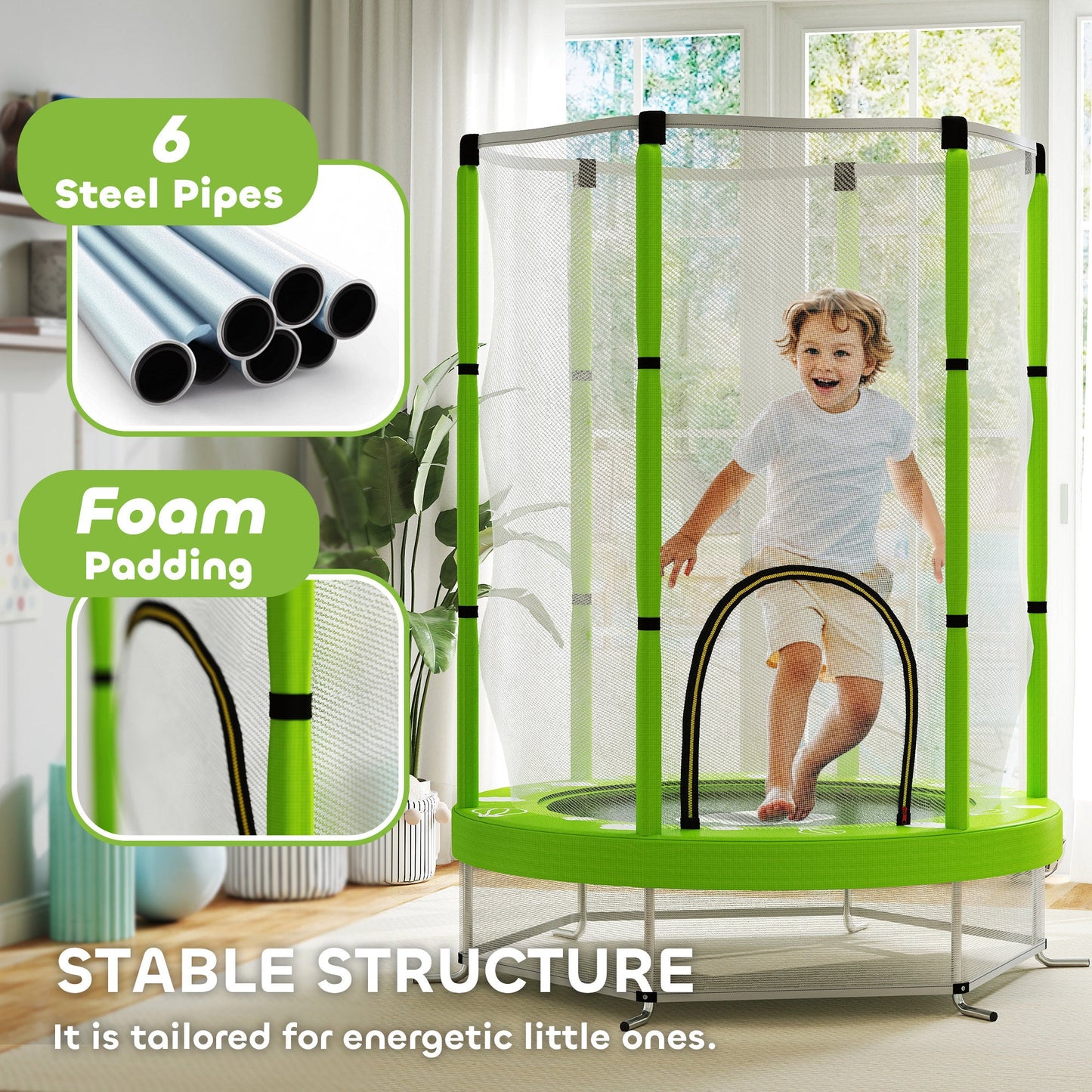 AIYAPLAY 4.6ft Toddler Trampoline w/ Safety Enclosure Net, for Indoor Outdoor Use, Ages 3-6 Years, Green