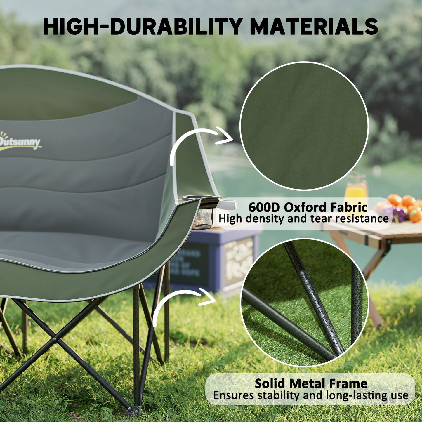Outsunny Double Camping Chair for Adults, Oversized Heavy Duty Padded Folding Chair with Armrests, Cup Holders and Carry Bag for Outdoor Camping Hiking Picnic Fishing, 250kg Capacity, Green