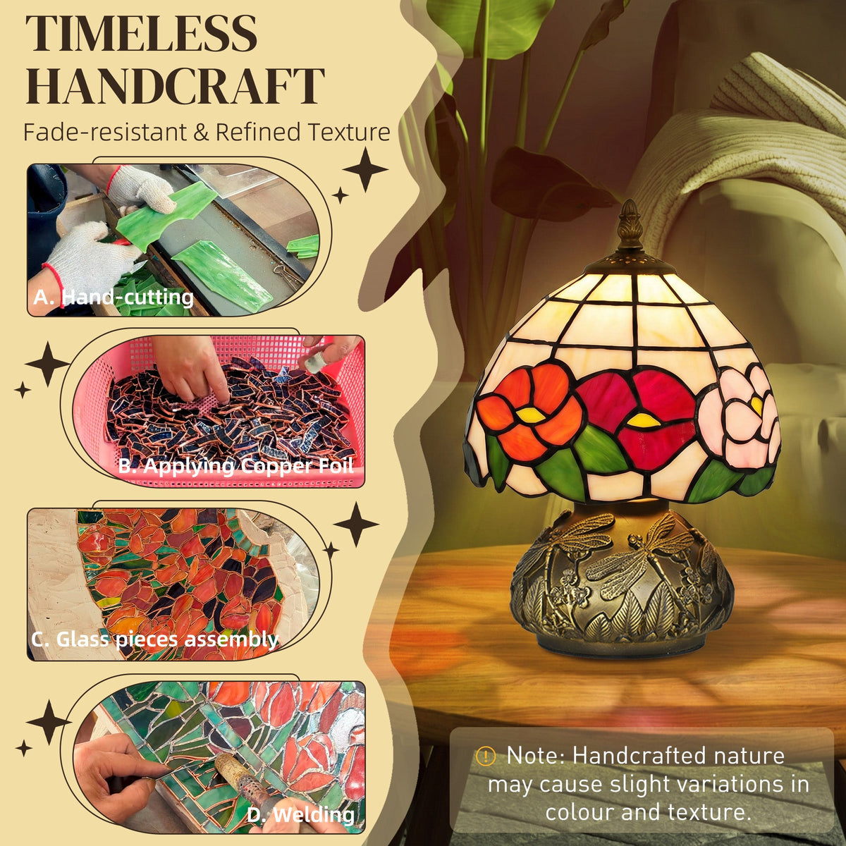 HOMCOM Handcrafted Classic Stained Glass Bedside Lamp, Tiffany-Style Table Lamp with Sculpted Dragonfly Base, Multi-Coloured