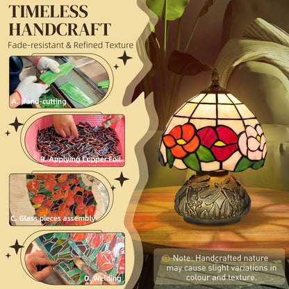 HOMCOM Handcrafted Classic Stained Glass Bedside Lamp, Tiffany-Style Table Lamp with Sculpted Dragonfly Base, Multi-Coloured