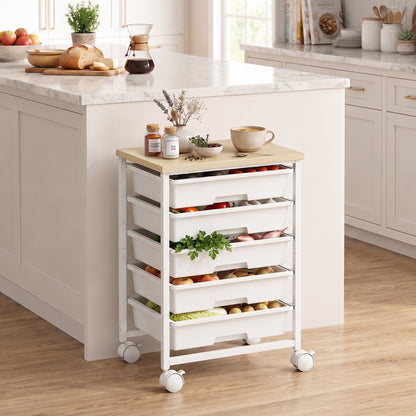 HOMCOM 6-Tier Storage Trolley on Wheels, Metal Kitchen Rolling Cart with 5 Pull-Out Drawers, White