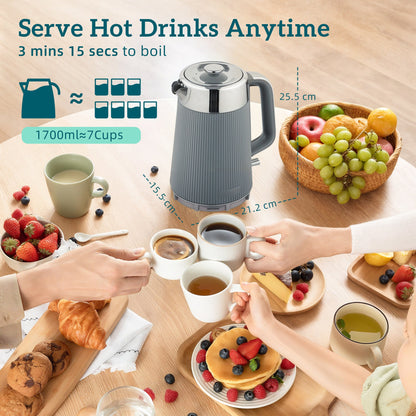 HOMCOM Electric Stainless Steel Kettle and Toaster Set, 3000W 1.7L UK Strix Thermostat Fast Boil Kettle w/ Limescale Filter, Cool Touch Body, 4 Slice Toaster with 7 Browning Levels, Crumb Tray, Grey