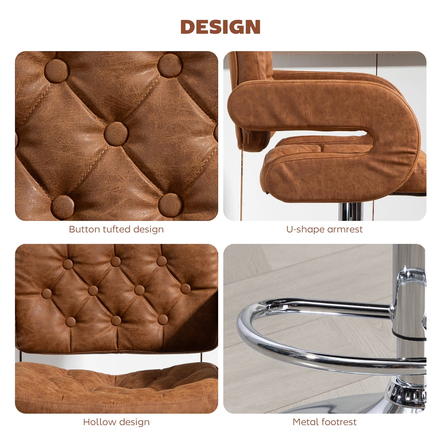 HOMCOM PU Leather Upholstered Swivel Bar Stool, Height Adjustable with Back, Armrest, Footrest, Brown