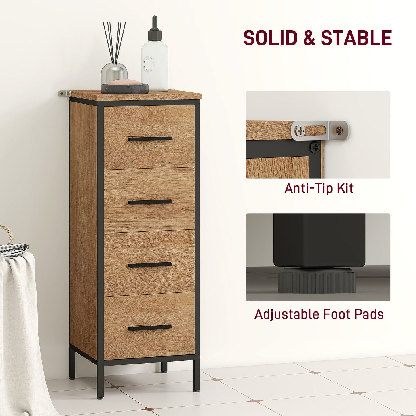 HOMCOM Narrow Bathroom Storage Cabinet with 4 Drawers - Oak