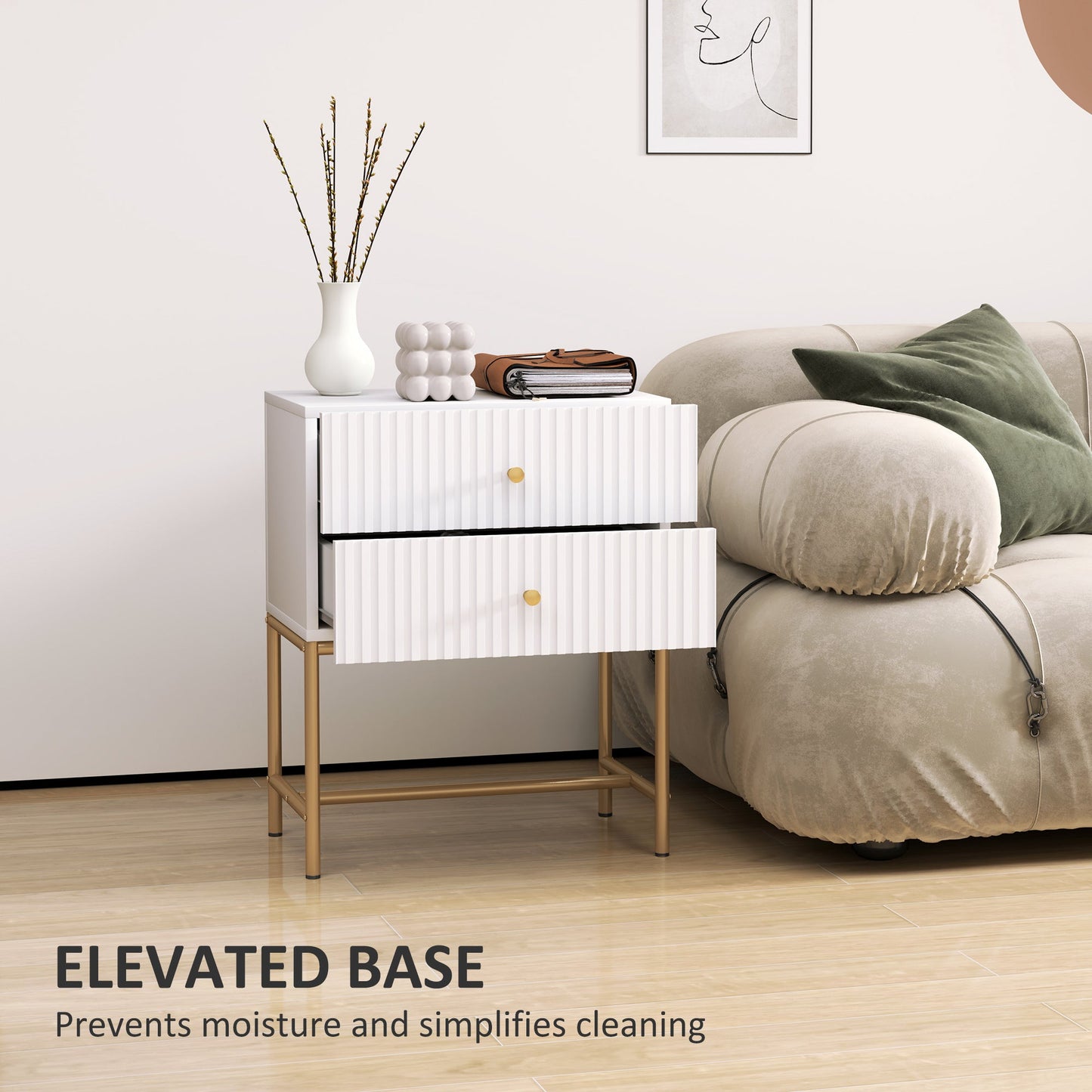 HOMCOM Elegant Two-Drawer Bedside Table - White