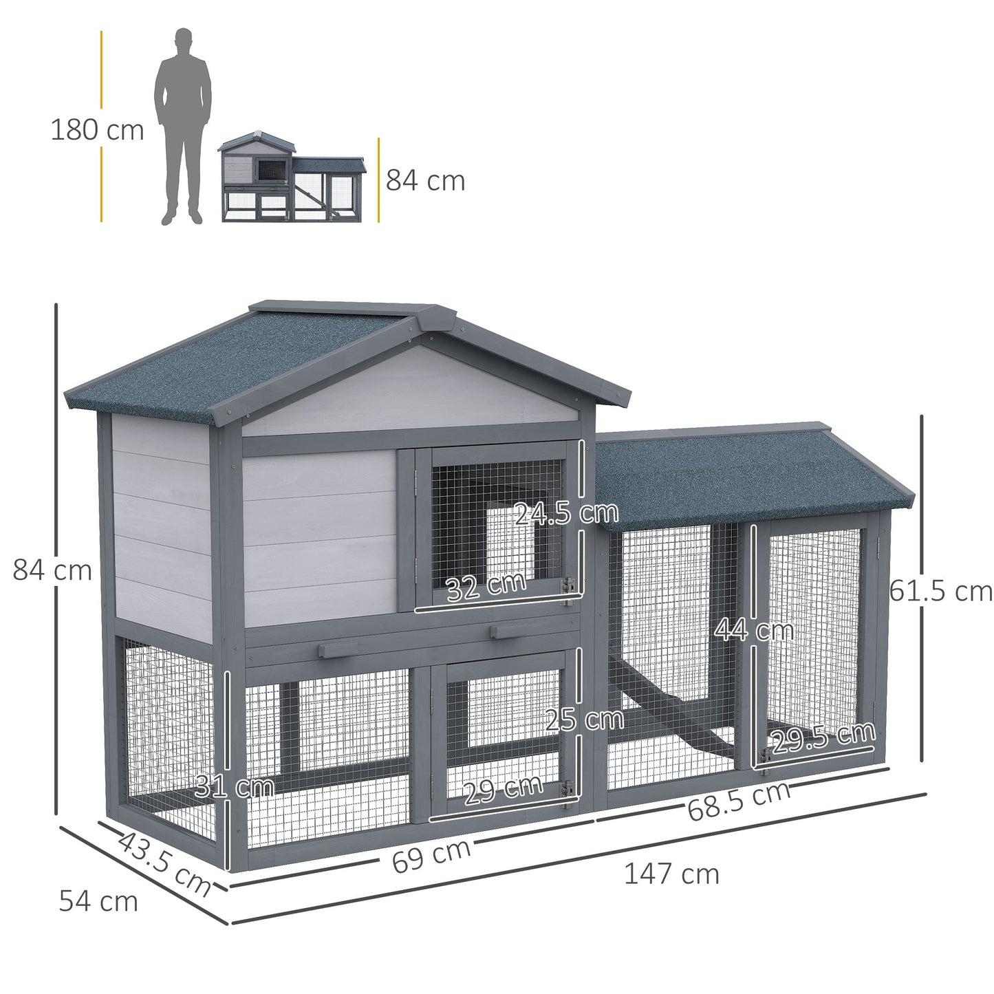 PawHut Wooden Rabbit Hutch Outdoor, Double Tier with Water-Resistant Roof, Ramp 147 x 54 x 84 cm, Grey