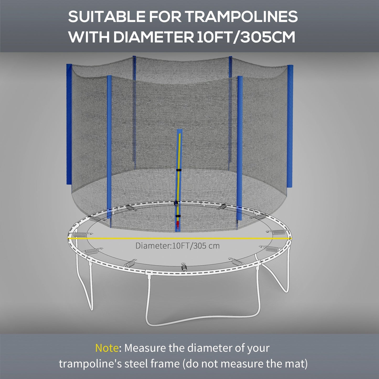 SPORTNOW 10ft Trampoline Net Replacement with 6 Plastic Pole Covers, Weather-Resistant Trampoline Netting Replacement with Zipped Entrance, Poles Not Included, Blue