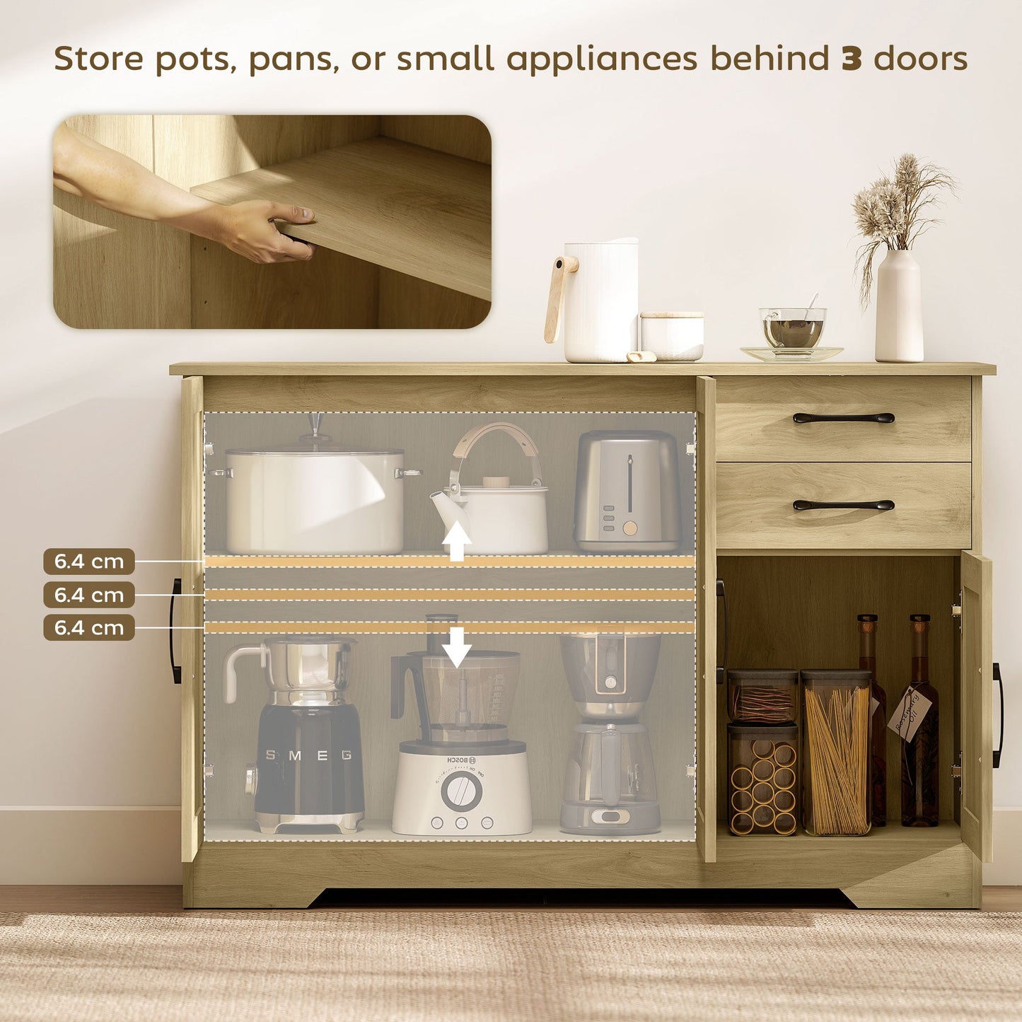 HOMCOM Sideboard with 2 Drawers Modern Storage Cabinet, Kitchen Cupboard with Adjustable Shelf and 3 Doors Natural