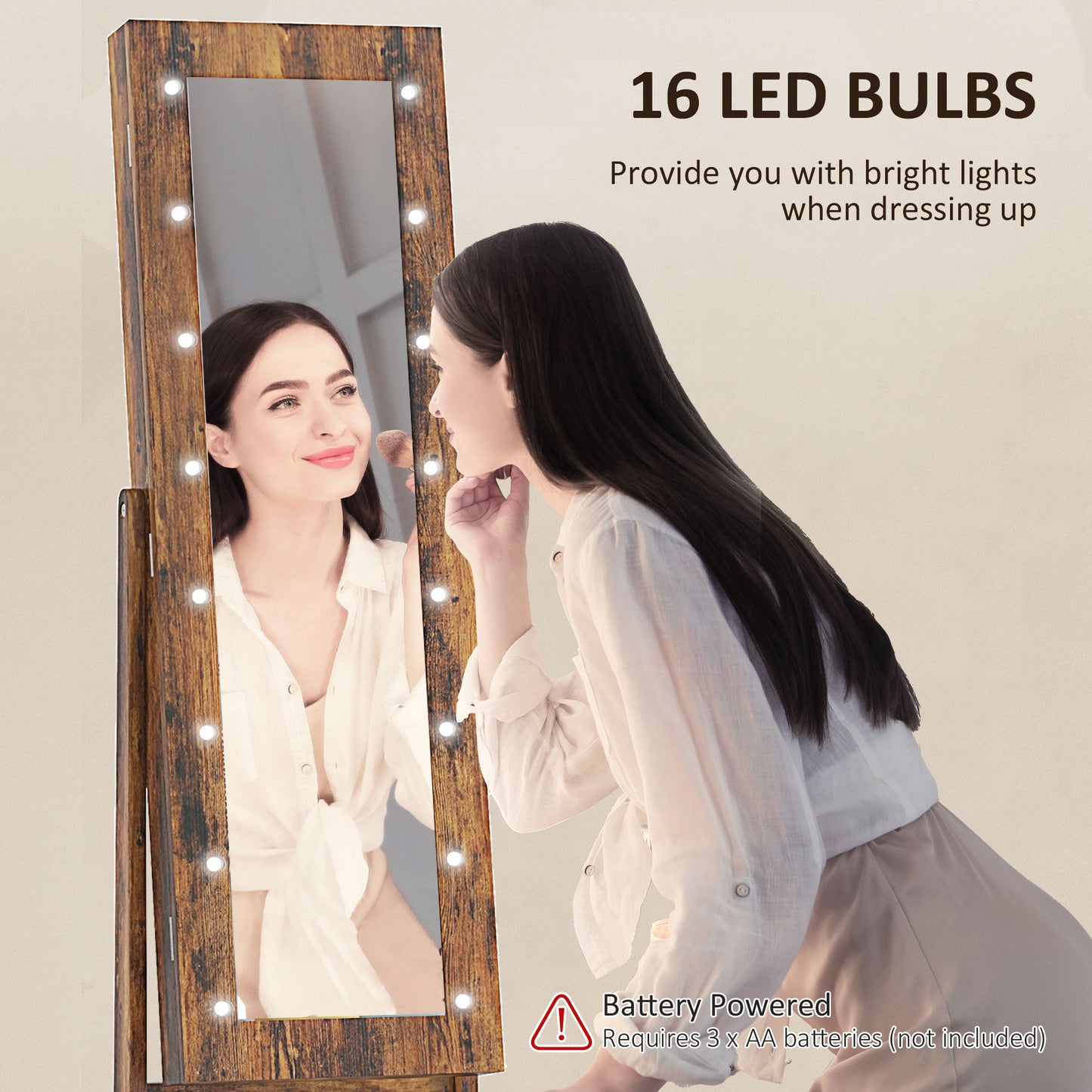 HOMCOM Free Standing Mirror Jewelry Cabinet with LED Lights, Jewellery Organiser with 3 Angle Adjustable, Full-Length Mirror with Storage for Earrings, Necklaces, Rings and Lipsticks, Rustic Brown