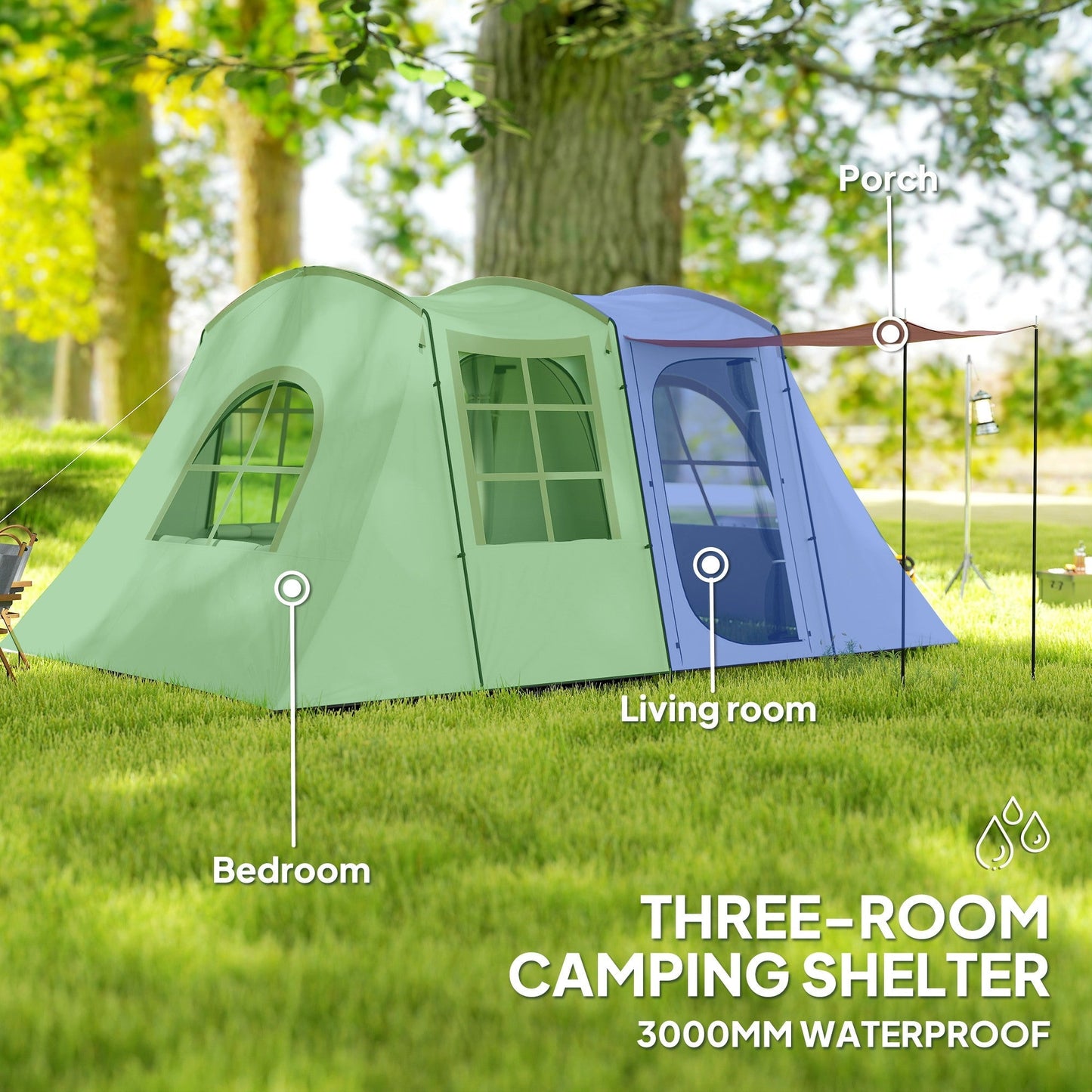 Outsunny 3-4 Man Tunnel Tent, Family Camping Tent with Porch, Bedroom and Living Area, Sewn in Groundsheet, 3000mm Waterproof, Portable with Bag for Hiking, Festival, Backpacking, Khaki
