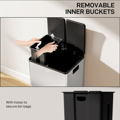 HOMCOM 56L Dual Compartment Stainless Steel Bin, with Deodoriser Holders - Silver Tone
