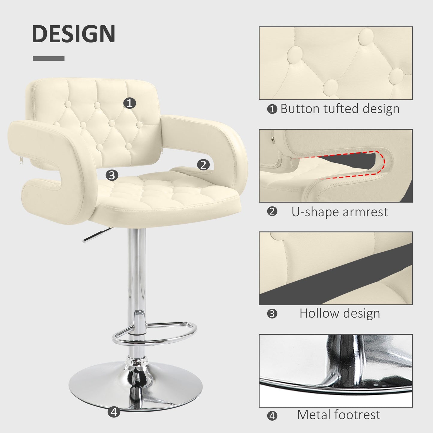 HOMCOM PU Leather Upholstered Swivel Bar Stool, Height Adjustable with Back, Armrest, Footrest, Beige