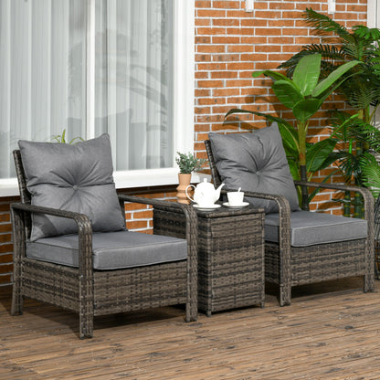 Outsunny 3 Pieces Rattan Bistro Set, Wicker Garden Furniture Set with Storage  Coffee Table and Chairs, Thickened Cushions for Outdoor, Patio, Balcony, Grey
