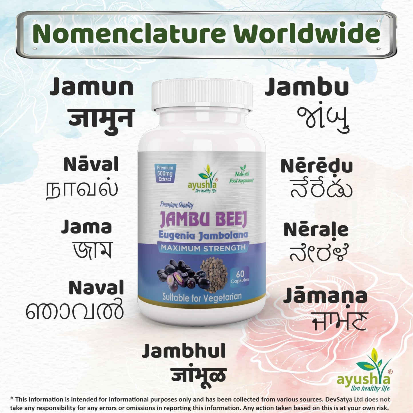 Ayushya Jambu Bij Capsules (Jamun) Glucose Wellness Support - Vegan, Gluten Free, Non-GMO, 60 Capsules