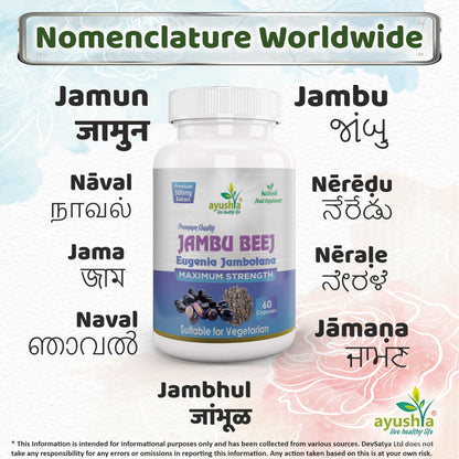 Ayushya Jambu Bij Capsules (Jamun) Glucose Wellness Support - Vegan, Gluten Free, Non-GMO, 60 Capsules