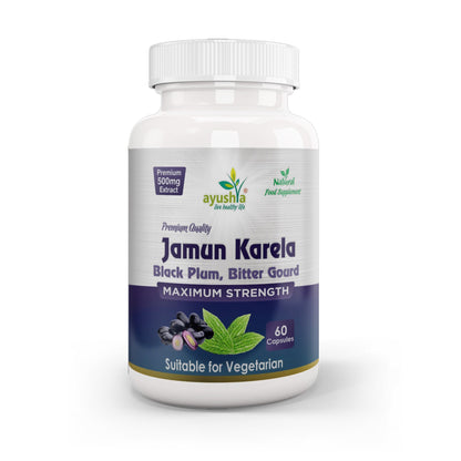 Ayushya Jamun Karela Neem Capsules Glucose Wellness Support - Vegan, Gluten Free, Non-GMO, 60 Capsules