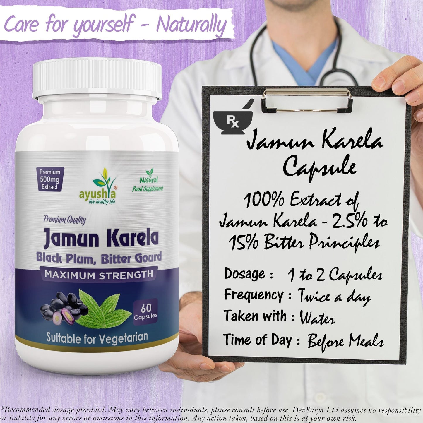 Ayushya Jamun Karela Neem Capsules Glucose Wellness Support - Vegan, Gluten Free, Non-GMO, 60 Capsules
