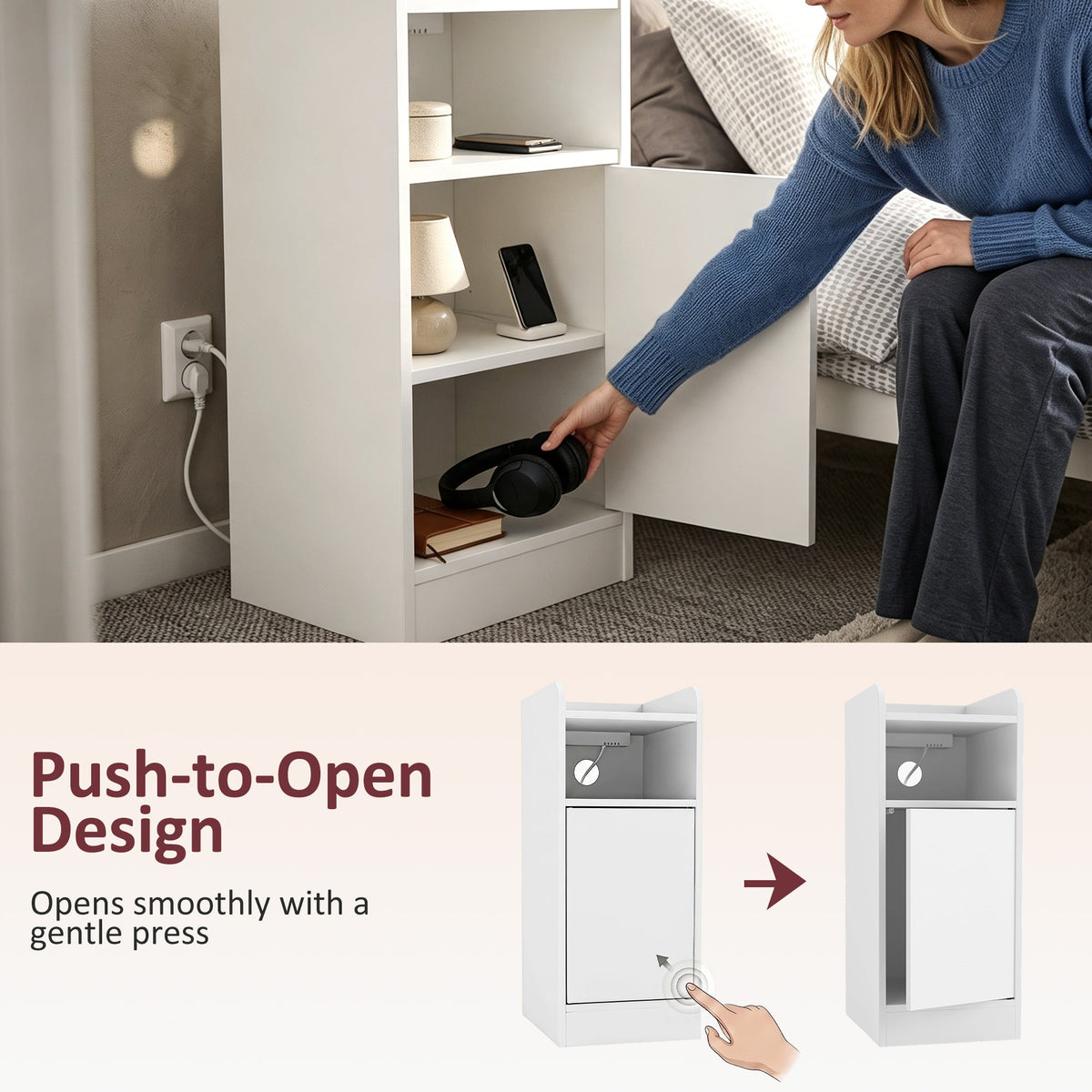 HOMCOM Slim Bedside Table Set of 2 with Charging Station, Narrow Bedside Cabinet with Adjustable Shelf, White