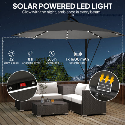 Outsunny 3 m Cantilever Parasol with Solar LED Lights Garden Umbrella with Cross Base, Black