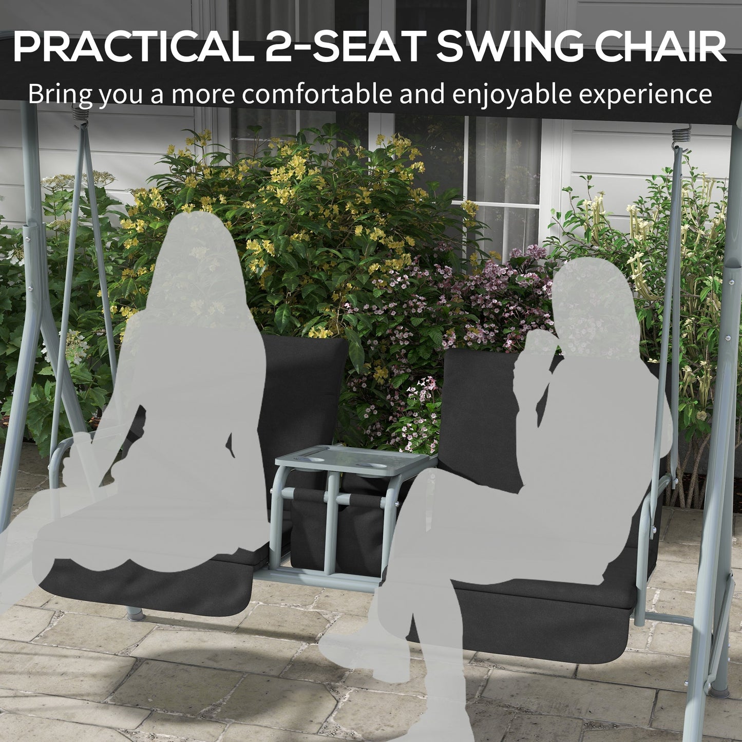 Outsunny 2 Seater Garden Swing Chair Patio Rocking Bench w/ Tilting Canopy, Double Padded Seats, Storage Bag and Tray, Black