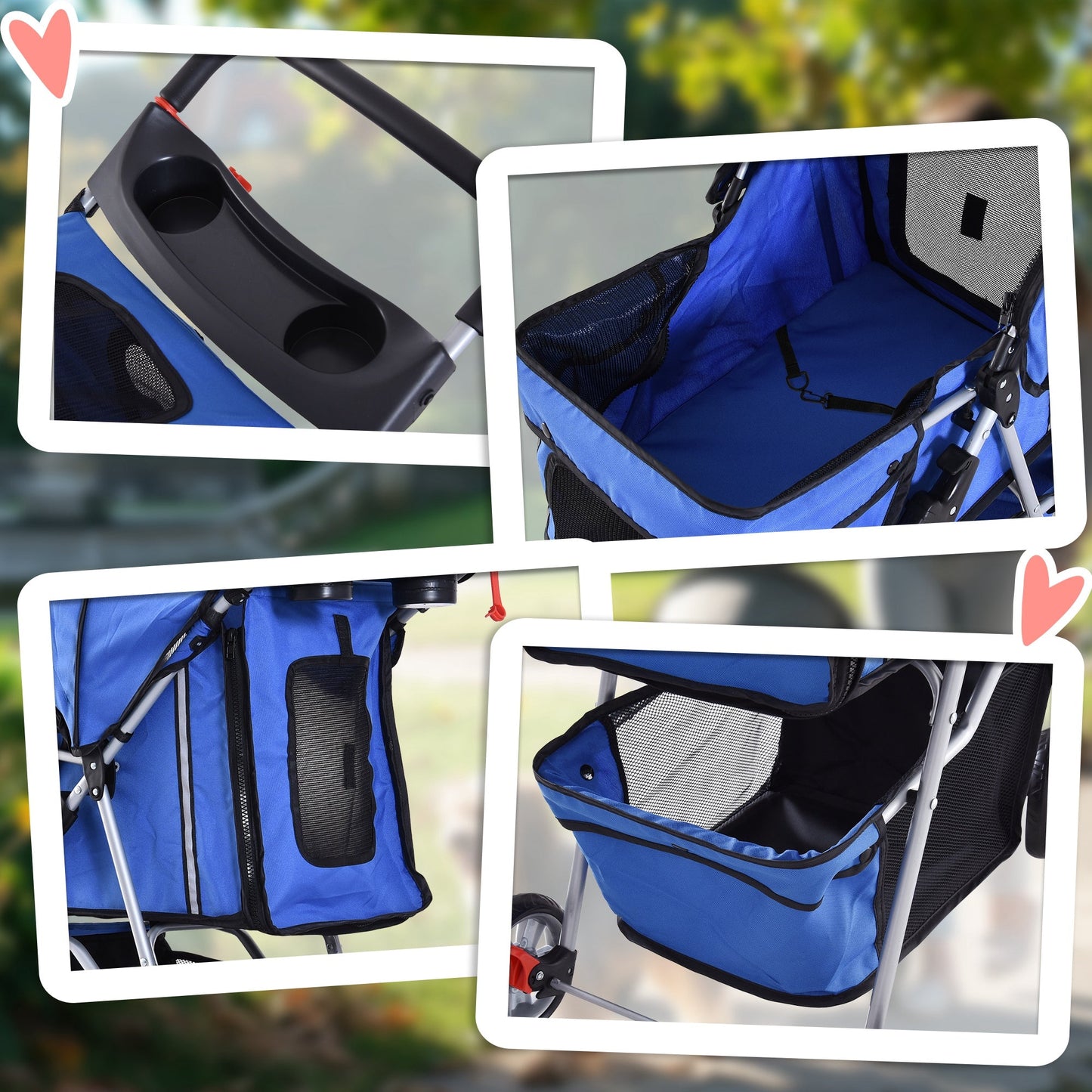 PawHut Dog Stroller, 3 Wheels Foldable Cat Dog Pram with Cup Holder, Storage Basket, Pet Stroller for Small Miniature Dogs, Blue