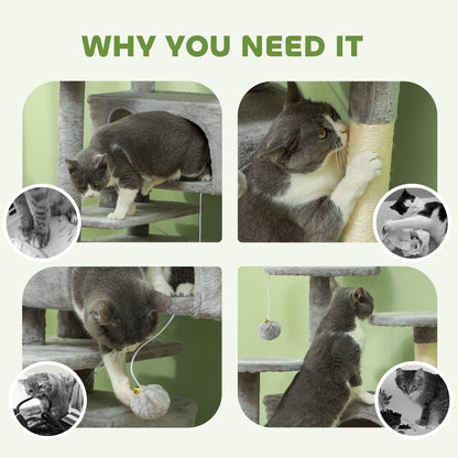 PawHut 138cm Cat Tree, Multi-Level Cat Tower with Scratching Posts and Pad, Bed, Condos, Platforms, Toy Balls, Light Grey