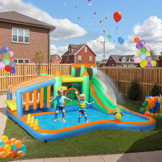 AIYAPLAY 8 in 1 Inflatable Bounce House with 680W Blower, Slide, 2 Pools, Basketball Hoop, Climbing Wall, Water Gun, Ring Toss