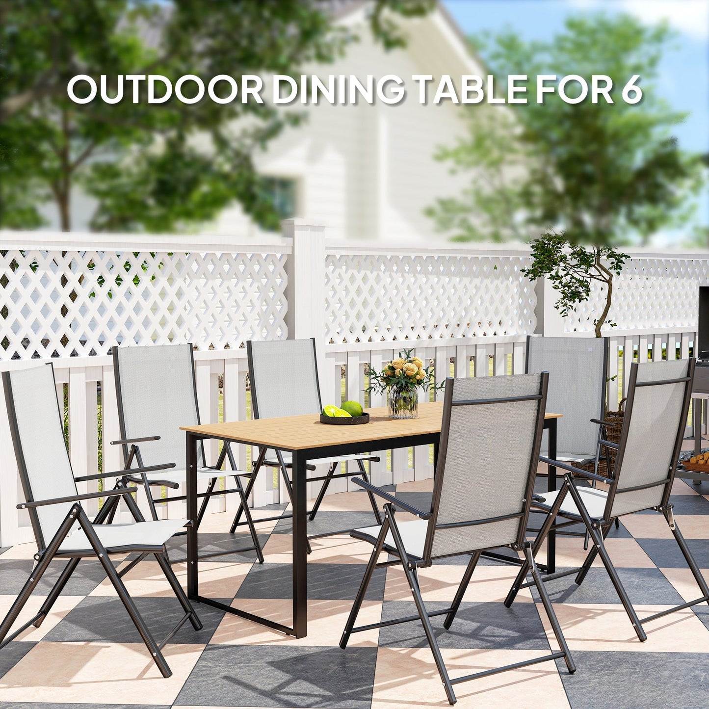 Outsunny Garden Table for 6 People, 160 x 80 x 75 cm Rectangle Outdoor Dining Table with Slatted Table Top, Metal Frame, for Balcony, Deck, Teak