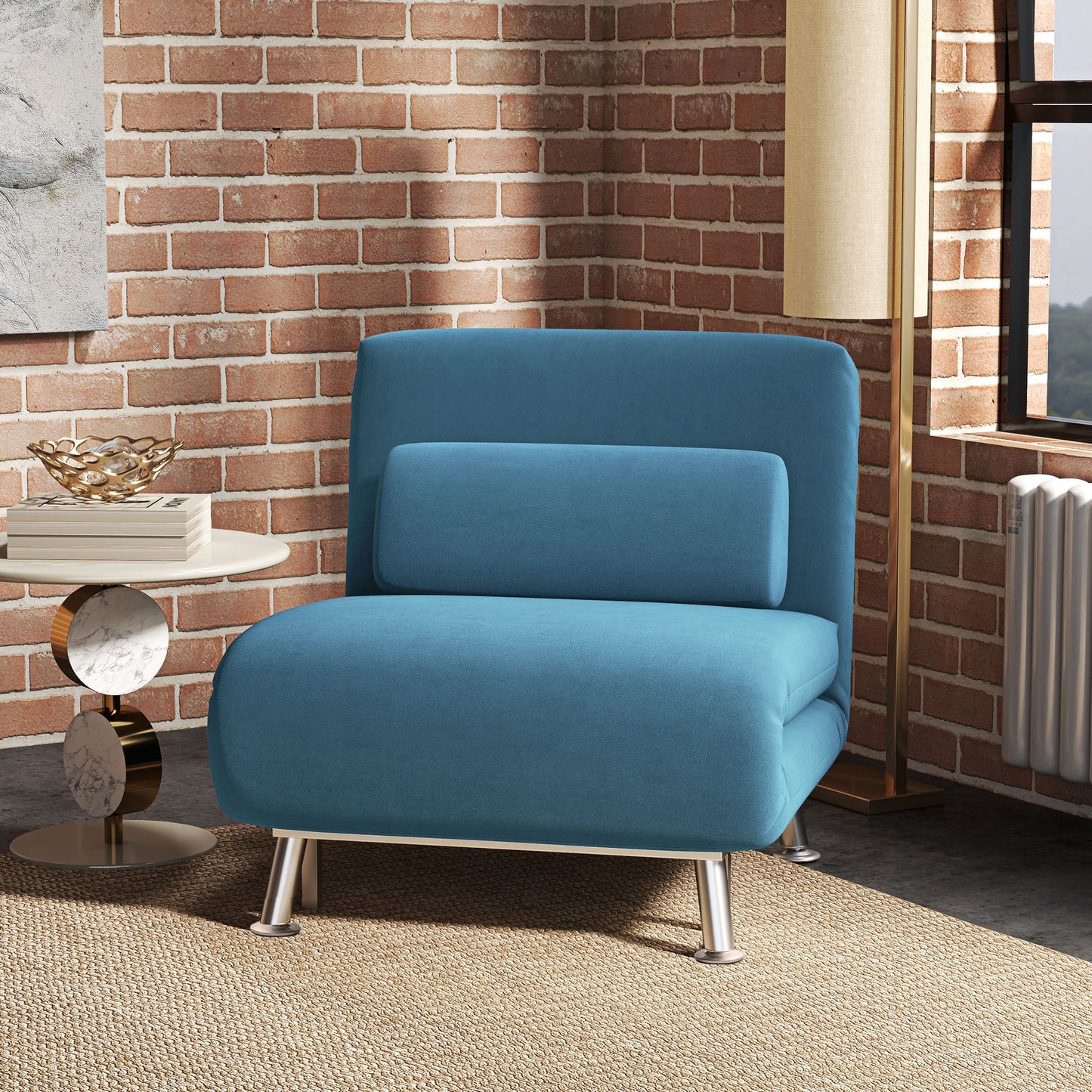 HOMCOM Single Velvet-Feel Sleeper Chair - Blue