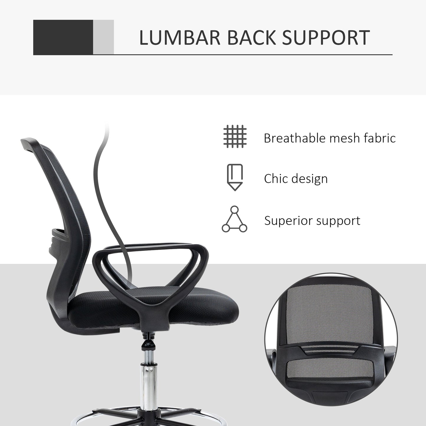 Vinsetto Ergonomic Mesh Back Drafting Chair, Tall Office Chair, Draughtsman Chair with Adjustable Height and Footrest 360\'c2\'b0 Swivel, Set of 5