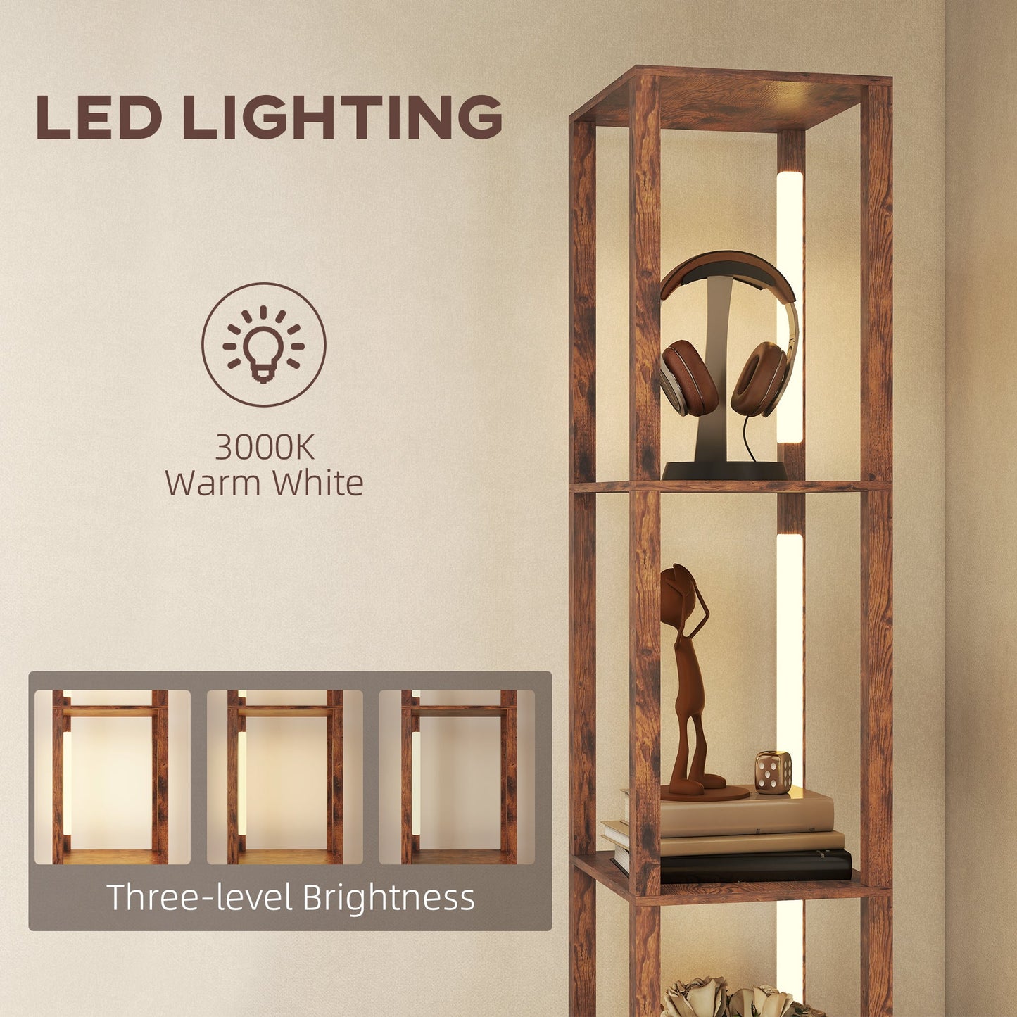 HOMCOM Floor Lamp with Shelves, LED Column Modern Standing Lamp with Fabric Drawer, Adjustable Brightness, Foot Switch for Living Room, Bedroom, Office, Rustic Brown