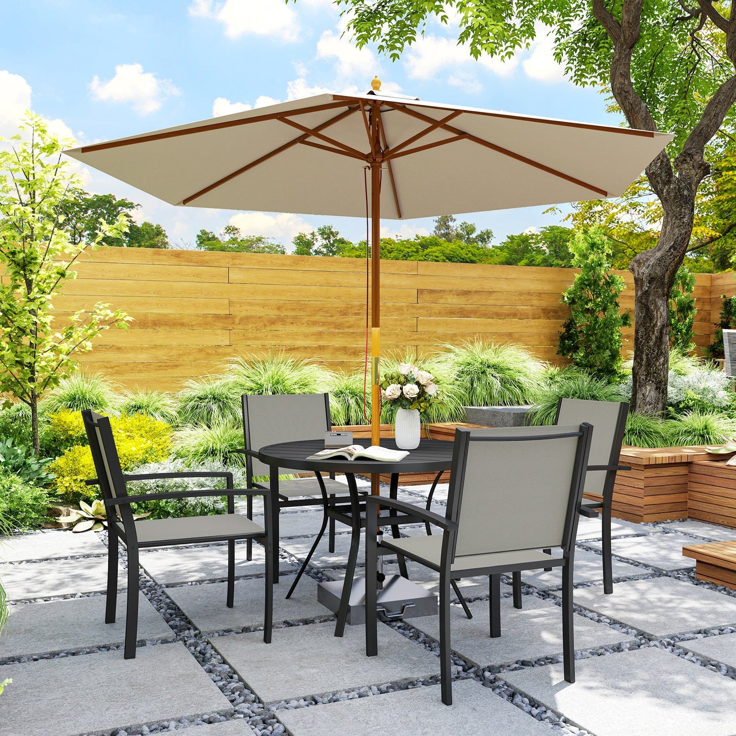 Outsunny 5 Piece Garden Furniture Set, Garden Dining Set with Round Table and 4 Stackable Chairs, Steel Frame, for Outdoor, Patio, Terraces, Dark Grey