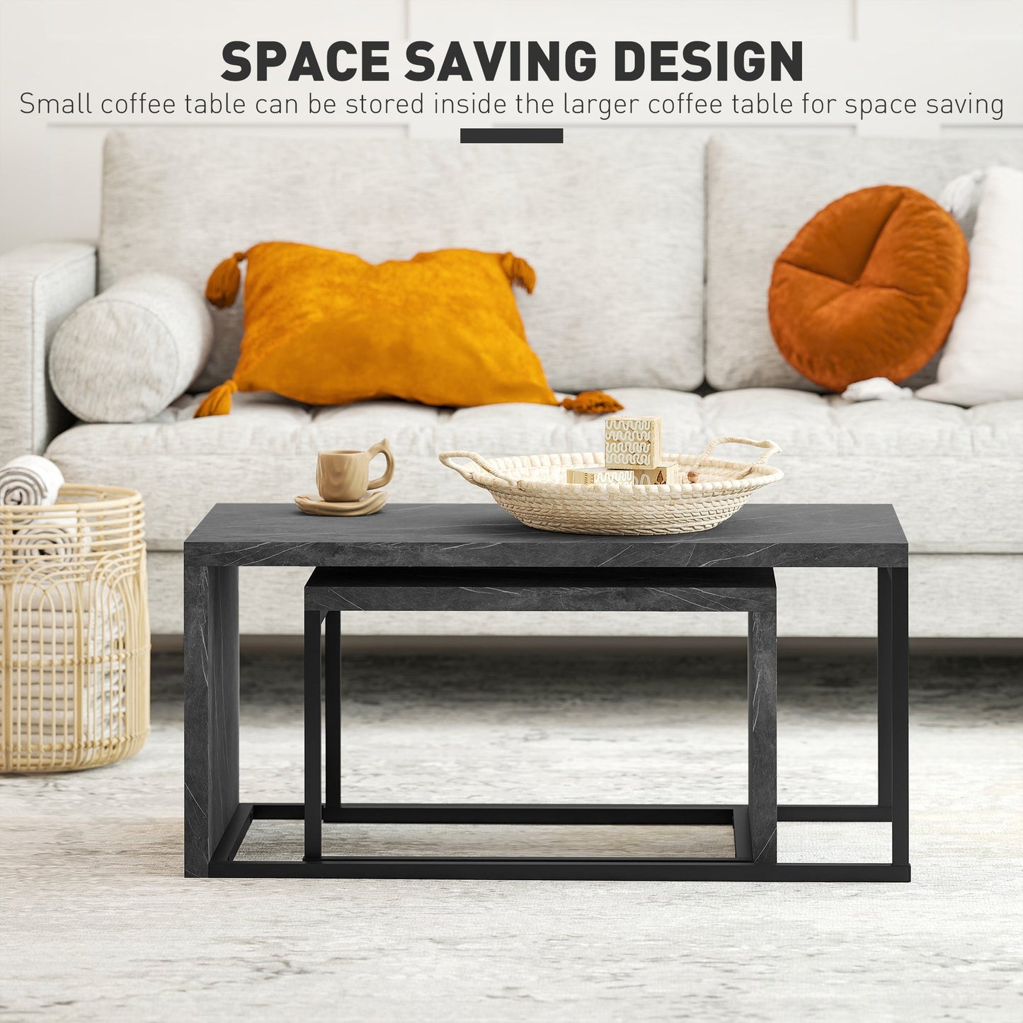 HOMCOM Coffee Tables Set of 2, Industrial Nest of Tables with Metal Frame for Living Room Bedroom, Dark Grey Marble Effect