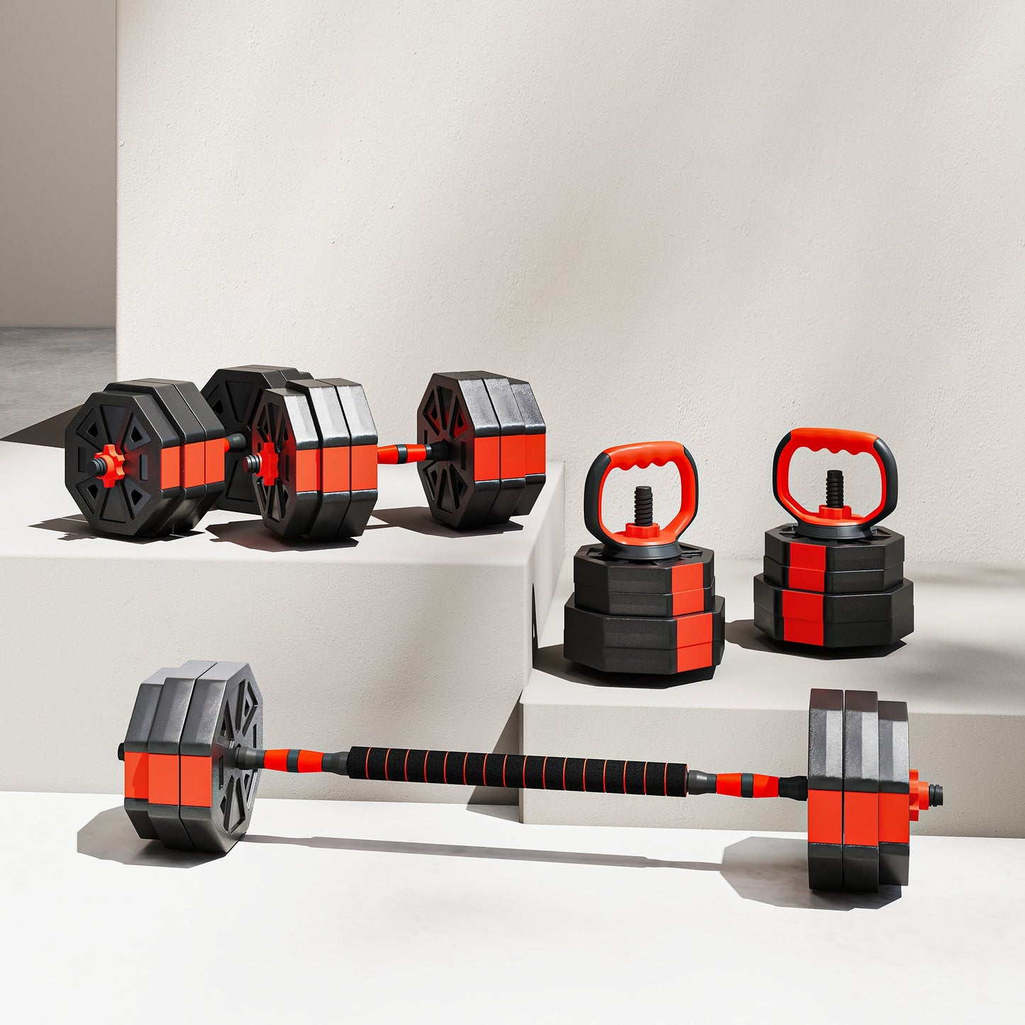 SPORTNOW 6-in-1 Adjustable Weight Dumbbells Set, Used as Kettlebell, Barbell, Dumbbell, Push-Up Stand, 30kg Free Weights Set for Men and Women Home Gym Training, Red