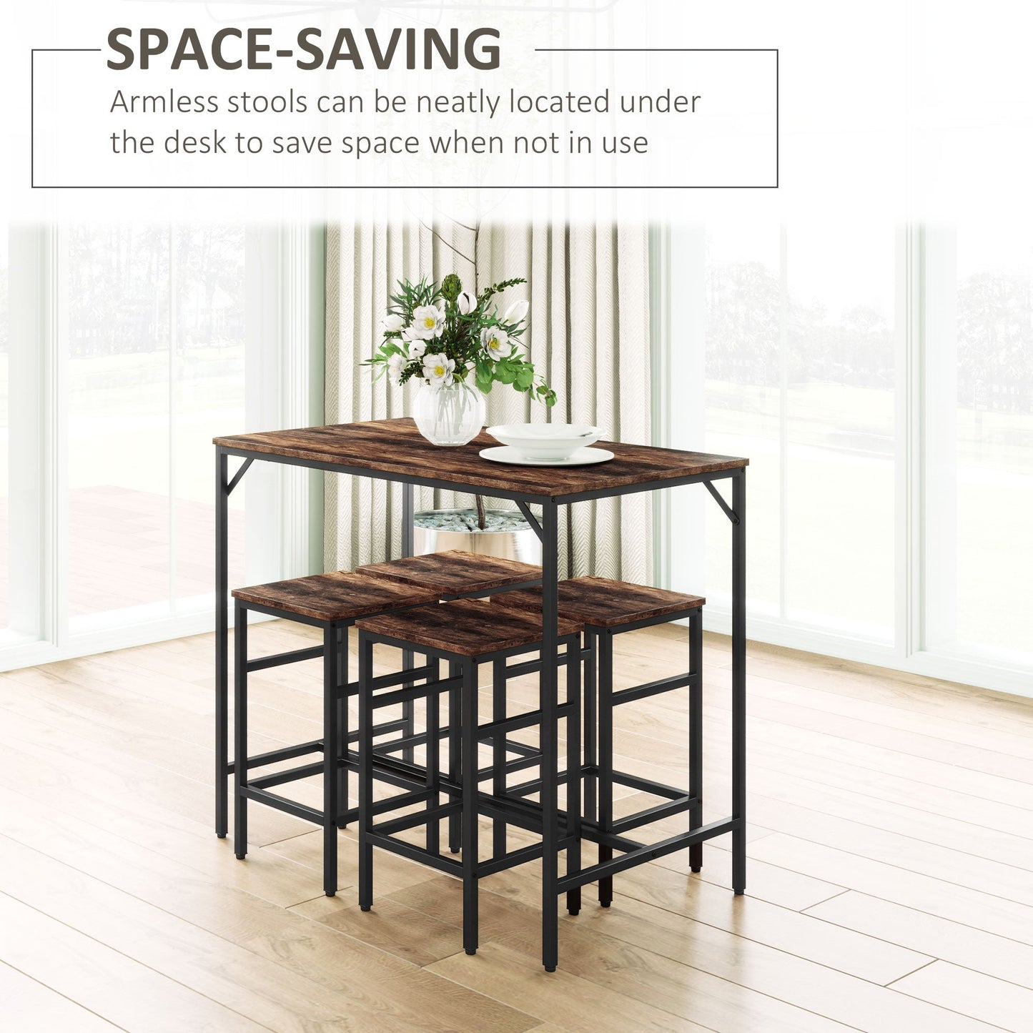 HOMCOM Industrial Rectangular Bar Table Set with 4 Stools for Dining Room, Kitchen, Dinette