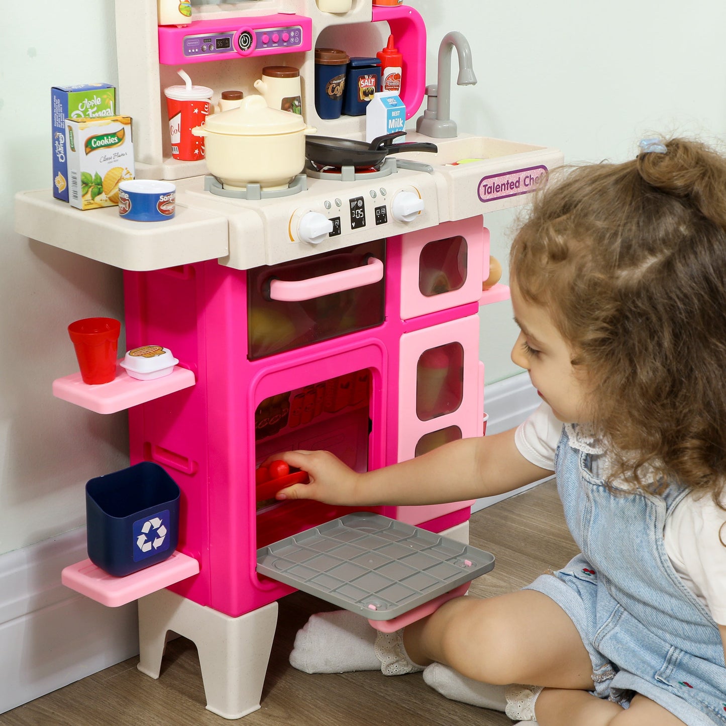AIYAPLAY Pretend Play Kitchen Set with Realistic Lights & Sounds, 104PCS Toy Kitchen Accessories for Boys and Girls, Pink
