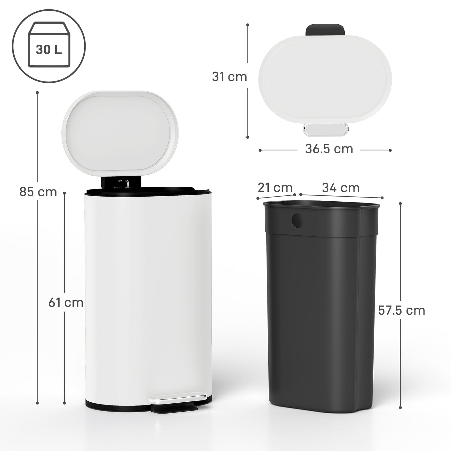 HOMCOM 30 L Modern Curved Kitchen Bin - Cream