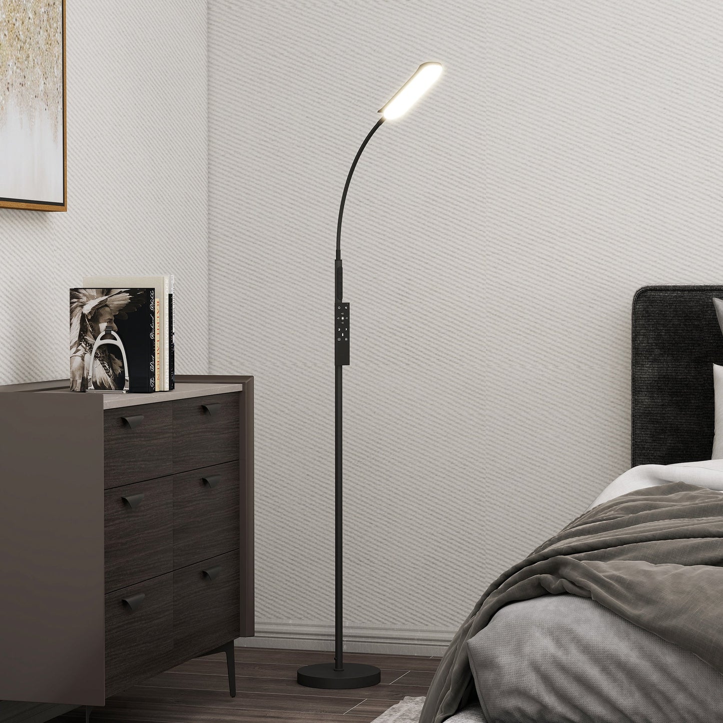 HOMCOM LED Floor Lamp, Standing Lamp with Remote & Touch Control, Stepless Dimmable Colours Temperature & Brightness, 360° Adjustable Gooseneck, 1 Hour Timer, Memory Function for Living Room, Black