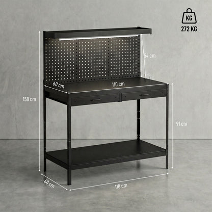 HOMCOM 110 cm Workbench with Pegboard, Heavy Duty Work Table with Power Strip and LED Light, Black