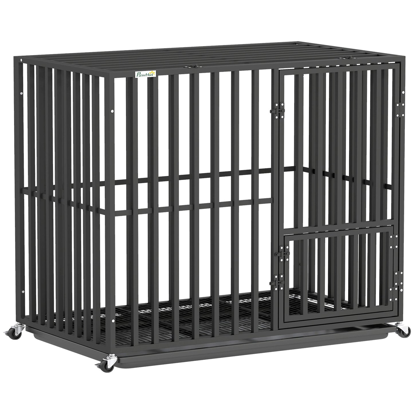 PawHut Heavy Duty Dog Crate, Dog Cage with Wheels for Small Medium Breeds, Metal Pet Kennel with Removable Tray