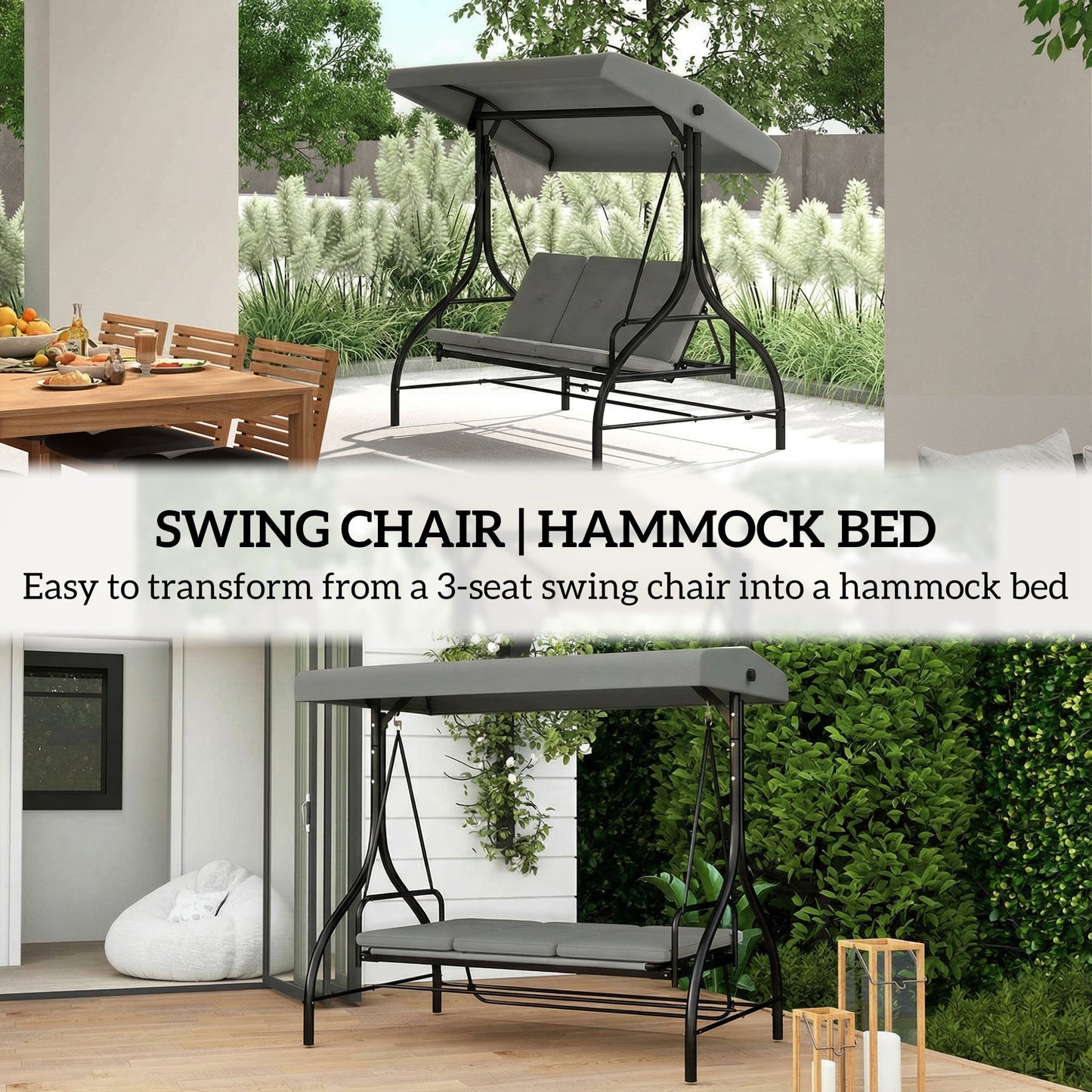 Outsunny 3 Seater Canopy Swing Chair, 2 in 1 Garden Swing Seat Bed, with Adjustable Canopy and Metal Frame, Light Grey