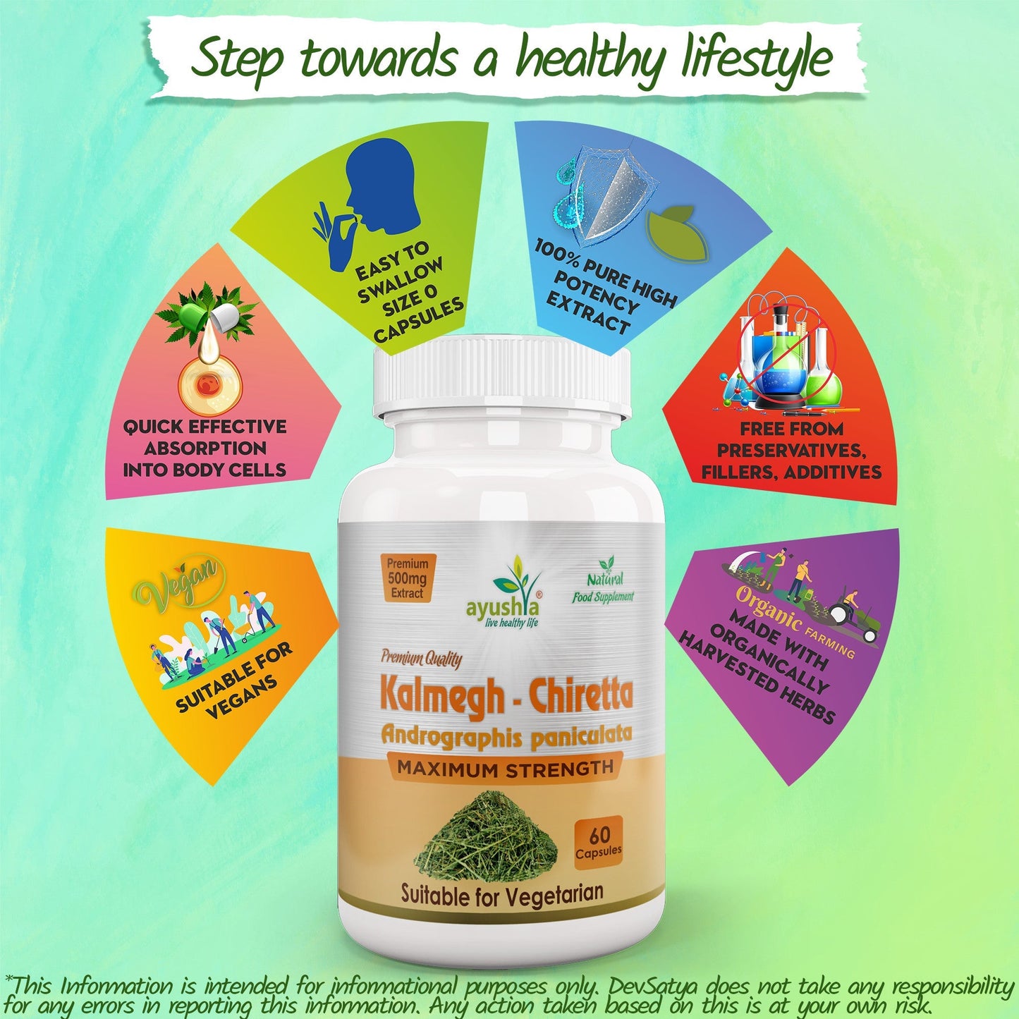 Ayushya Andrographis Kalmegh Chirata Capsules Liver & Immune Wellness Support - Vegan, Gluten Free, Non-GMO, 60 Capsules