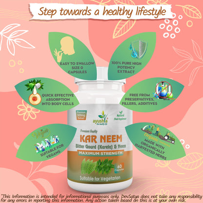 Ayushya KarNeem Capsules (Karela & Neem Blend) Glucose Wellness Support - Vegan, Gluten Free, Non-GMO, 60 Capsules
