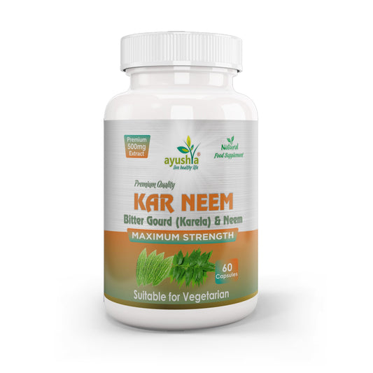 Ayushya KarNeem Capsules (Karela & Neem Blend) Glucose Wellness Support - Vegan, Gluten Free, Non-GMO, 60 Capsules