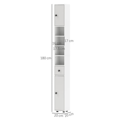 kleankin 180cm Slim Bathroom Cabinet, with Drawer, Shelves and Cupboards - Light Grey