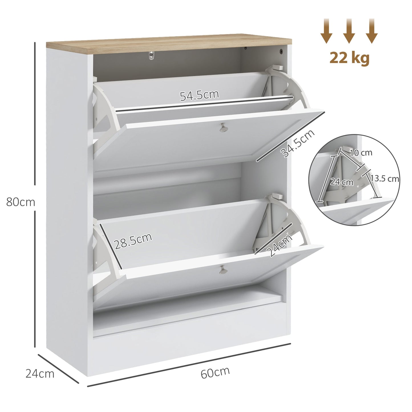 HOMCOM Narrow Shoe Cabinet with 2 Flip Drawers and Adjustable Shelves - White